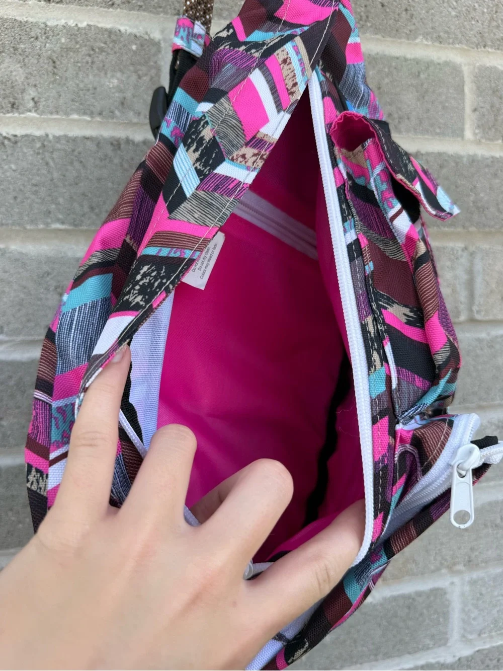 Kavu Pink, Brown & Teal Geometric Sling Backpack